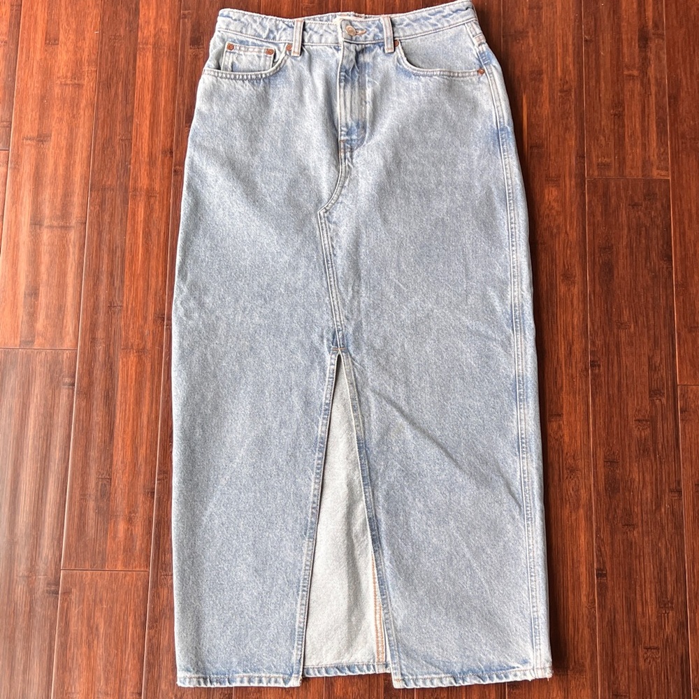 Mango Womens Sz MEDIUM Straight Front Slit Denim Maxi Skirt 94765